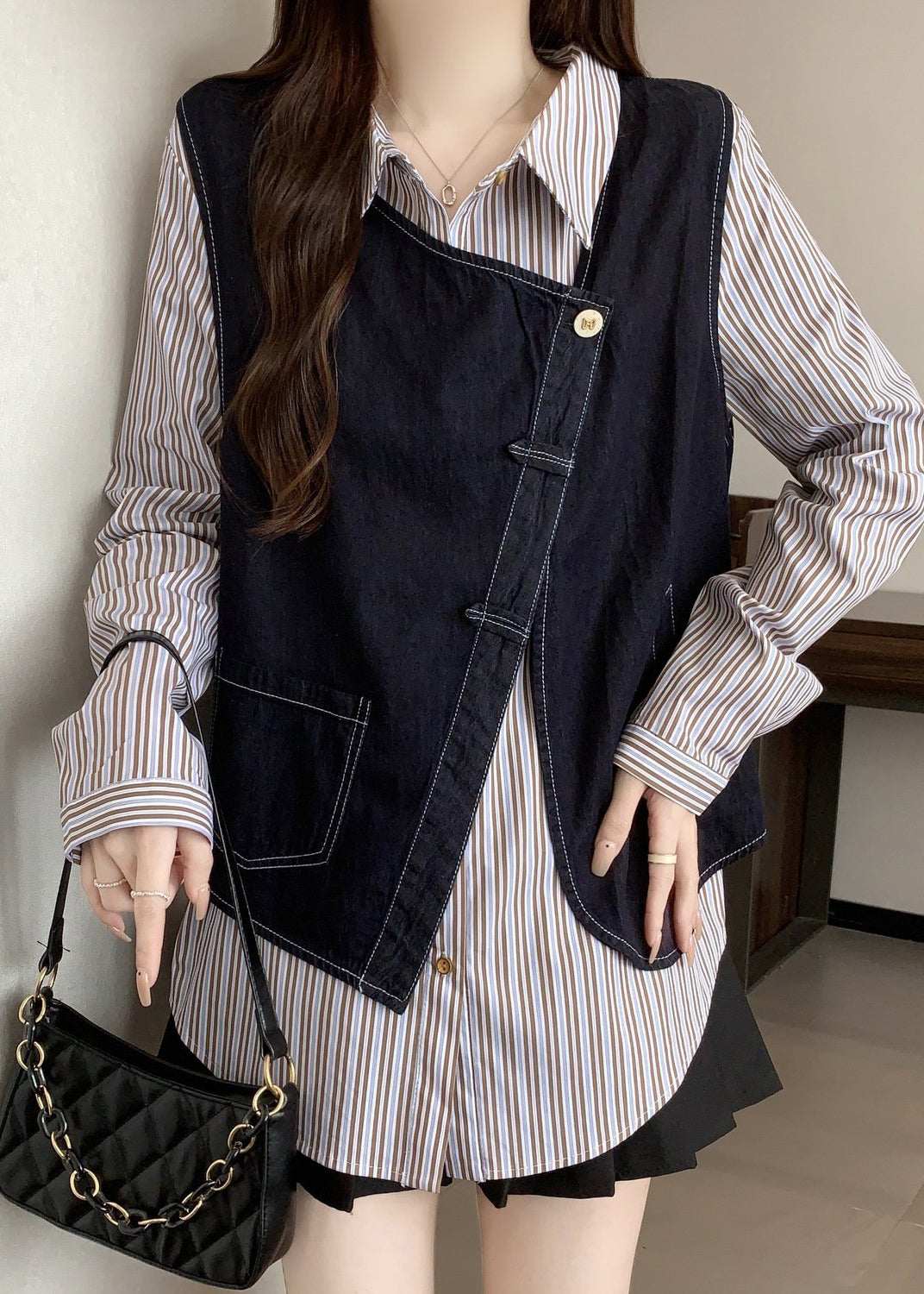 Asymmetrical Striped Cotton Fake Two Piece Top Fall