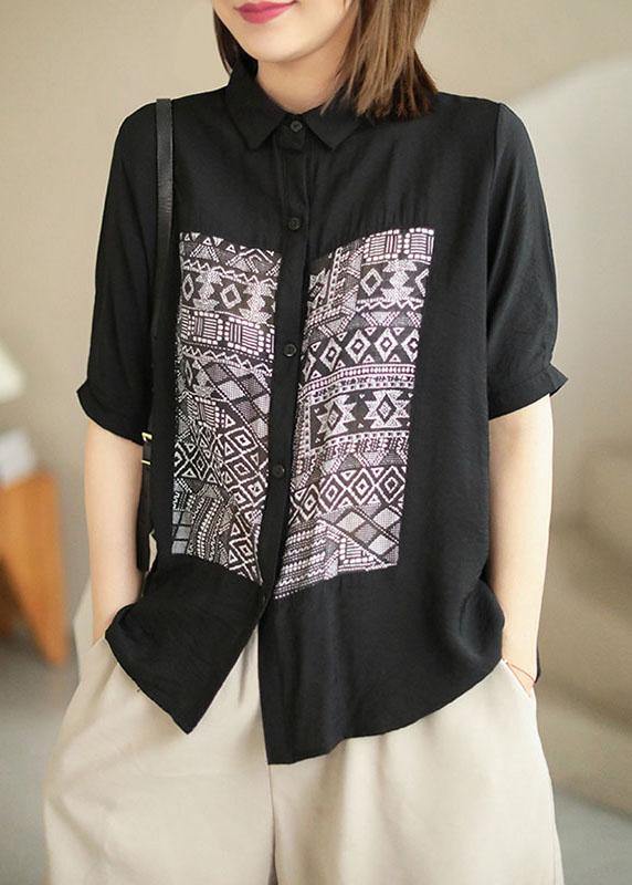 Classy Black Peterpan Collar Button Patchwork Fall Half Sleeve Shirt Top