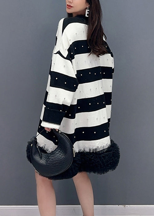 Black Striped Nail Bead Tulle Patchwork Mid Dress Fall