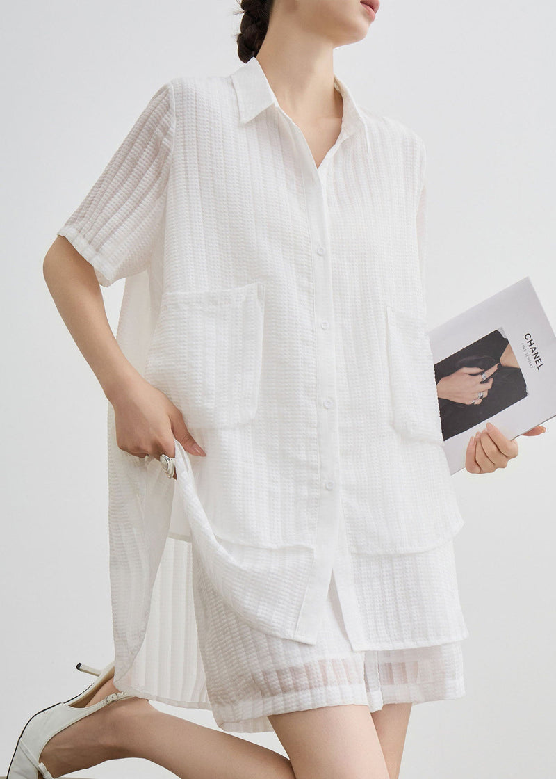 New White Peter Pan Collar Striped Cotton Two Piece Suit Set Summer