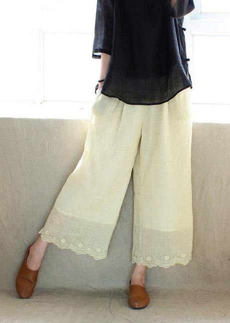 Light Yellow Embroidery Trousers Thin Summer Elastic Waist Wardrobes Pants