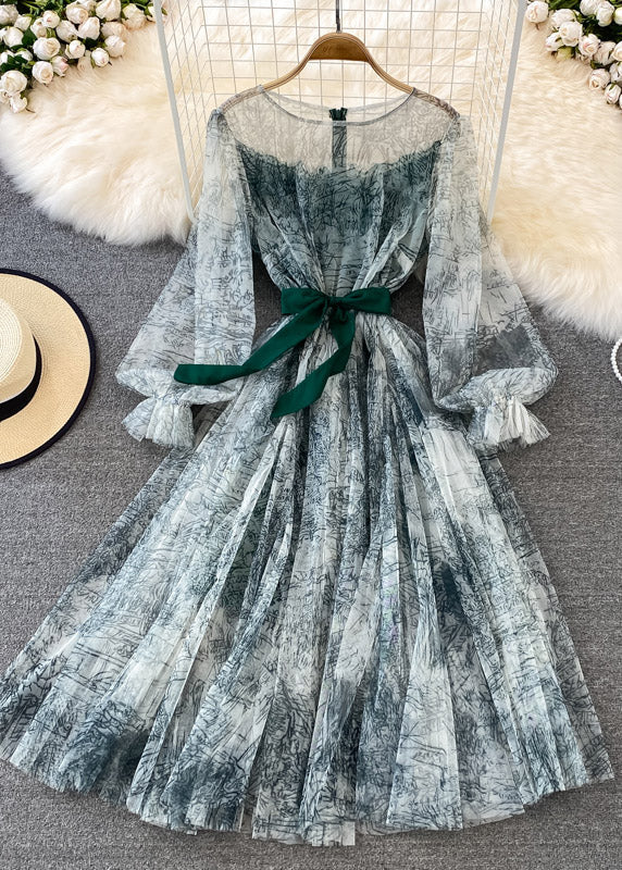 Green O-neck Slim Tulle Long Dress Puff Sleeve