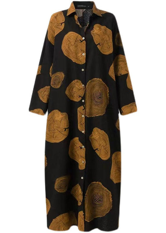 Printing Loose Long Sleeve Button Maxi Shirt Dress With Pocket
