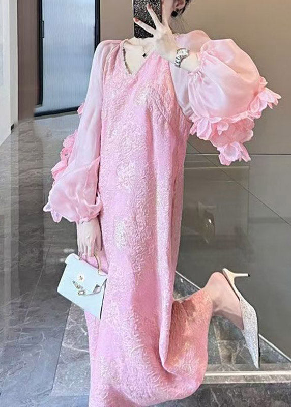 Pink Patchwork Long Dress V Neck Spring