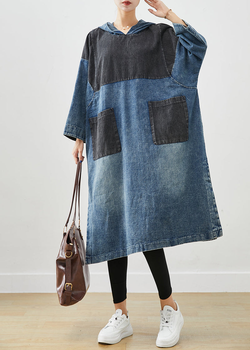 Blue Hooded Patchwork Side Open Cotton Sweatshirt Dress Fall