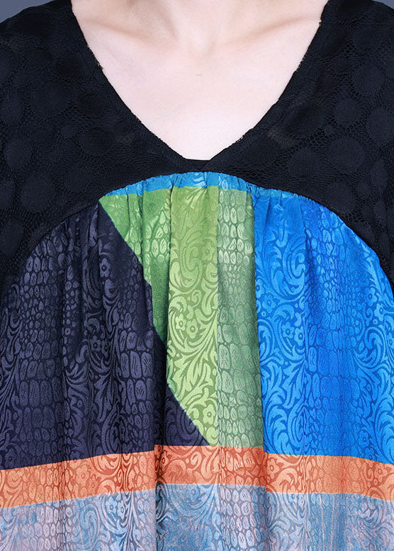 Black V Neck Patchwork Long Dress Half Sleeve