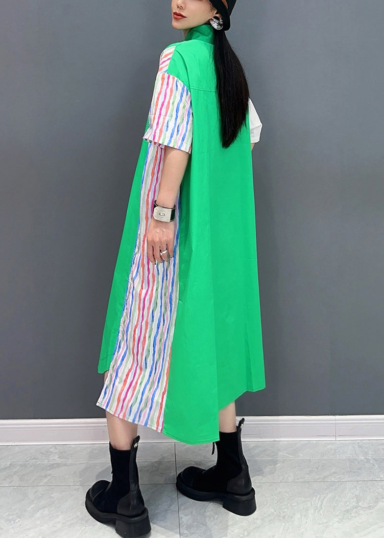 Green Print Pockets Patchwork Cotton Shirt Dress Half Sleeve