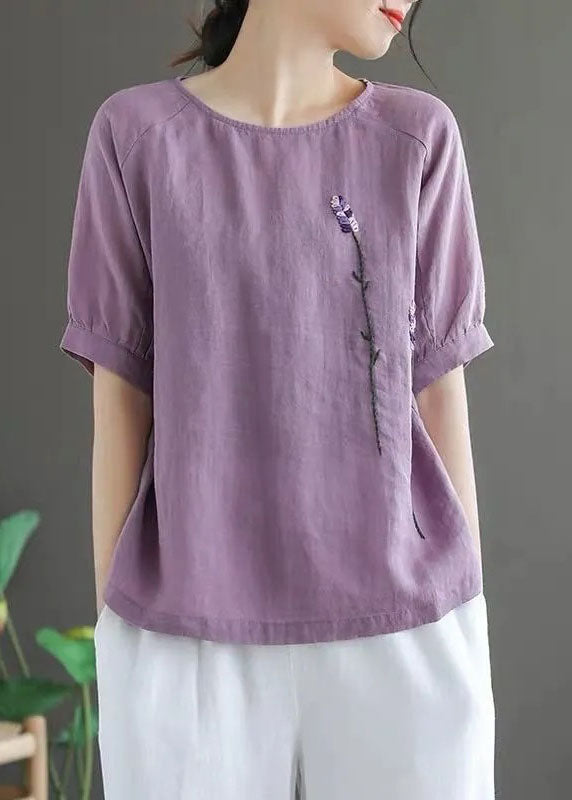 Purple Embroideried Linen Tops O-neck Short Sleeve