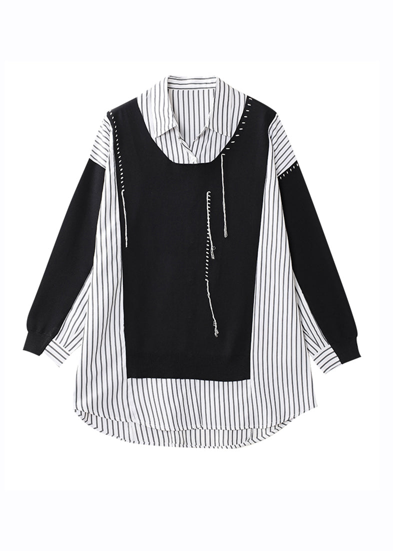 Black Striped Patchwork Low High Design Fake Two Pieces Shirt Long Sleeve