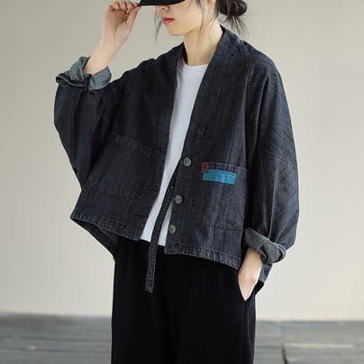 Denim Black Coats V Neck Button Down Spring Coats