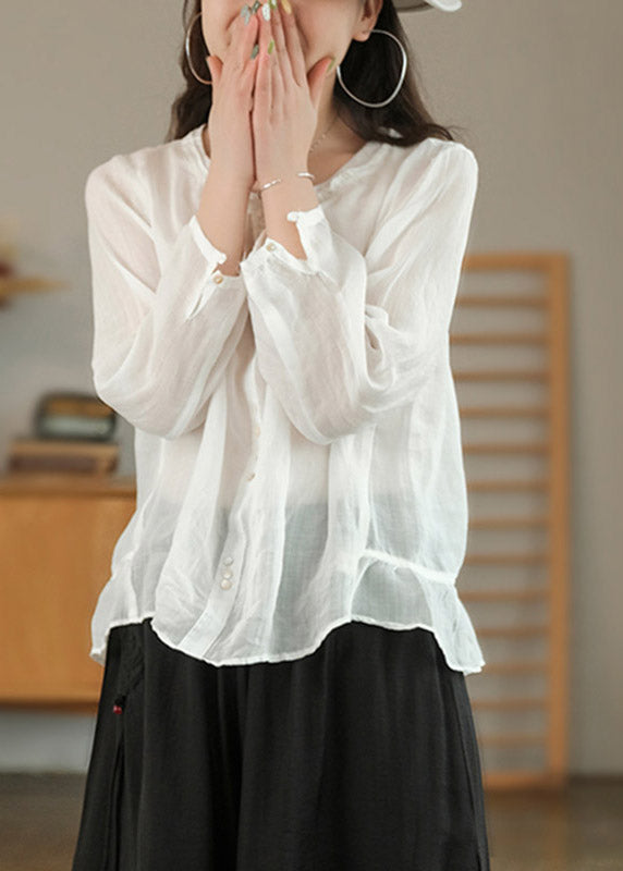 White Patchwork Ruffles Linen Shirt Top Three Quarter Sleeve
