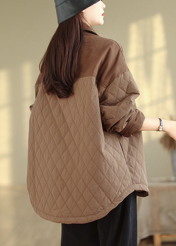 Coffee Oversized Patchwork Fine Cotton Filled Jacket Winter