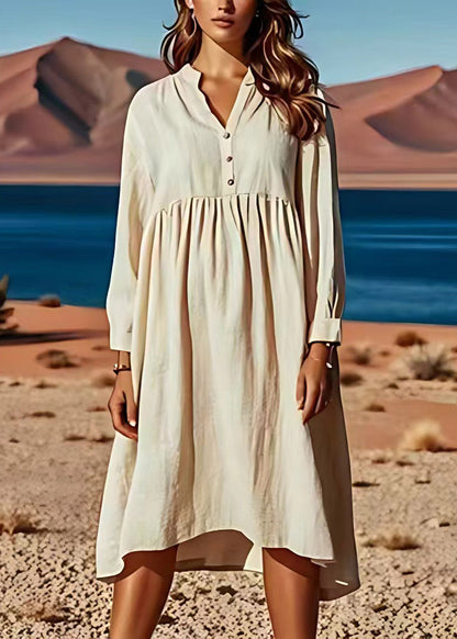 Beige V Neck Wrinkled Patchwork Linen Dresses Long Sleeve