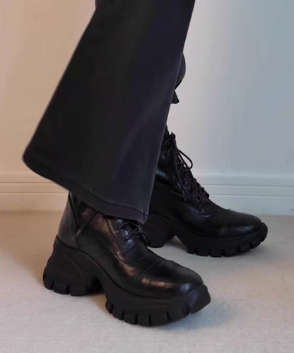 Black Sheepskin Splicing Lace Up Boots
