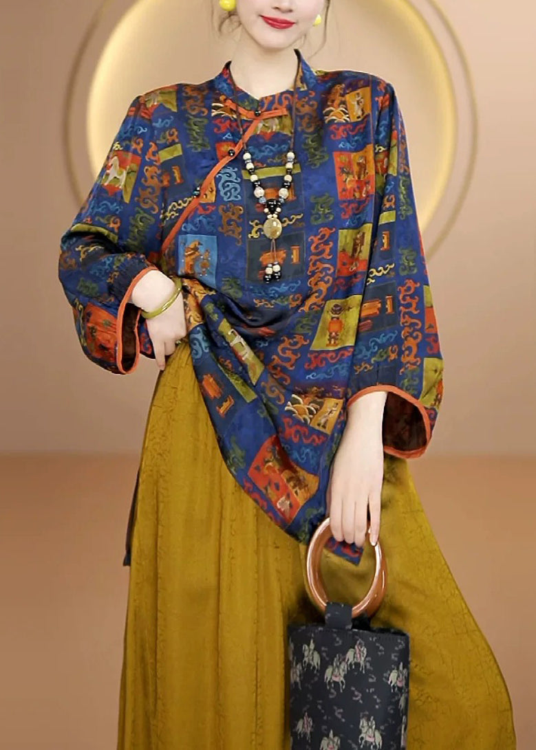 Blue Print Chinese Button Silk Shirt Top Fall