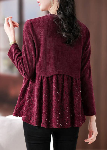 Wine Red Lace Patchwork Knit Top Long Sleeve