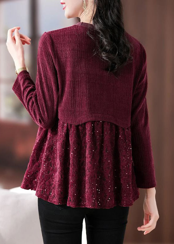 Wine Red Lace Patchwork Knit Top Long Sleeve