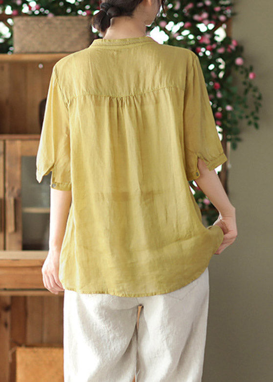 Yellow V Neck Embroideried Linen T Shirt Short Sleeve