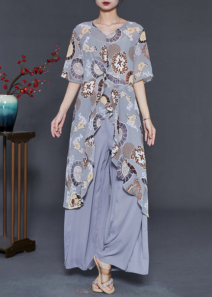 Handmade Grey Ruffled Print Chiffon Two Pieces Set Summer