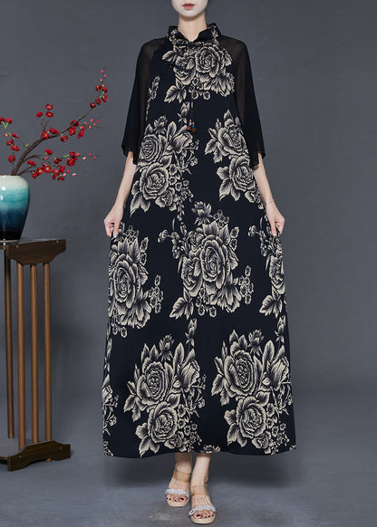 Black Mandarin Collar Patchwork Print Chiffon Long Dresses Summer