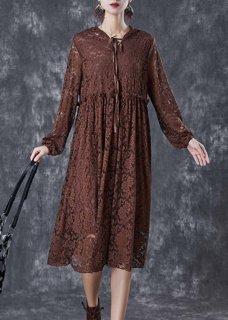 Chocolate Ruffled Hollow Out Lace Long Dresses Fall
