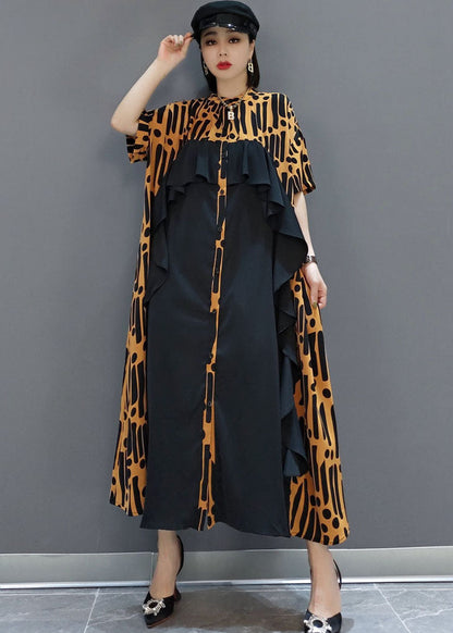 Yellow Button Ruffled Patchwork Chiffon Long Dress Spring