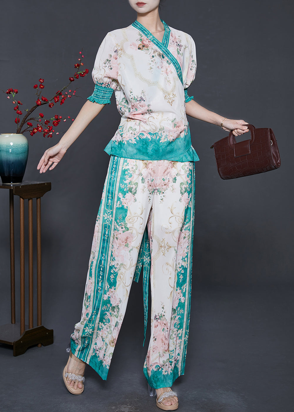 Apricot Print Lace Up Chiffon Two Pieces Set Puff Sleeve