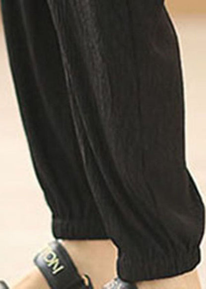 Black Elastic Waist Drawstring Pockets Beam Pants Summer