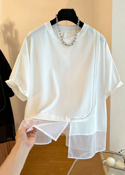 Loose Black O-neck Patchwork Cotton T Shirt Summer