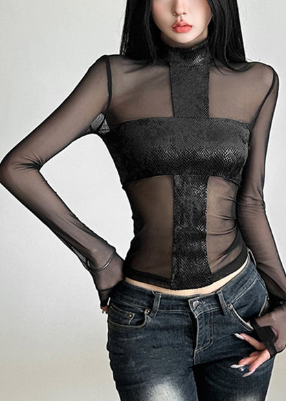 Black Turtleneck Sheer Tulle Top Spring