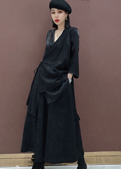 French Black Tie Waist V Neck Print Tops Wide Leg Pants Two Piece Outfit Spring