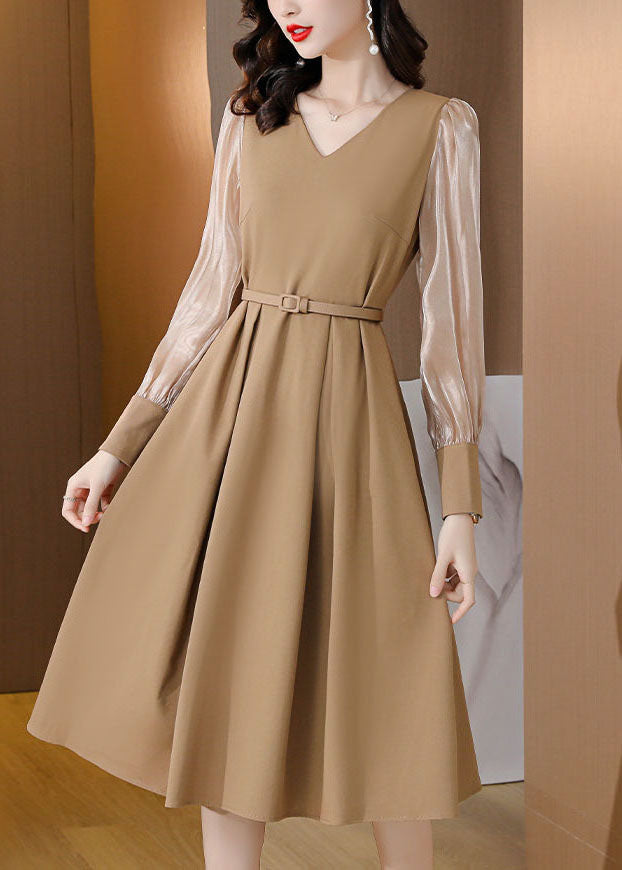 Khaki Patchwork Spandex a Line Dresses Cinched Spring