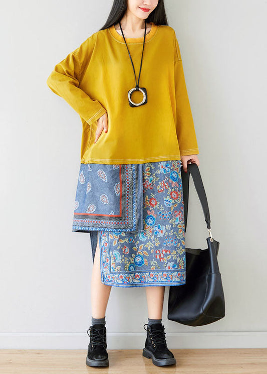 Loose Yellow O-neck Asymmetrical Sweatshirt Dresses Spring