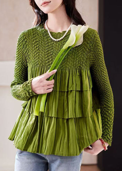 Green O Neck Wrinkled Patchwork Chiffon Top Long Sleeve