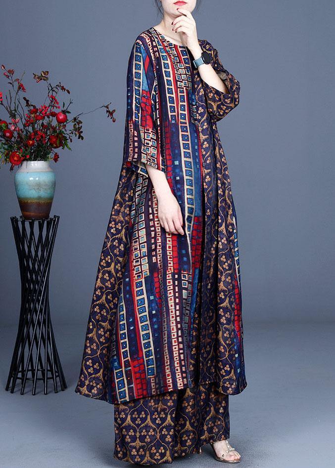 Italian Blue Print Button Silk Long Shirts Wide Leg Two Pieces Set