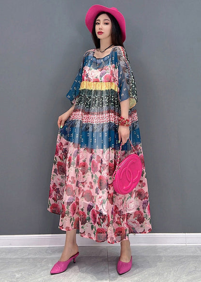 Square Collar Print Chiffon Long Dresses Short Sleeve
