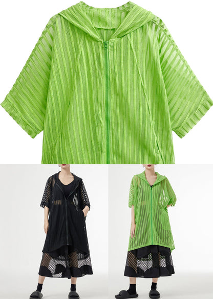Black Zippered Pockets Patchwork Tulle Upf 50+ Coat Hooded Summer