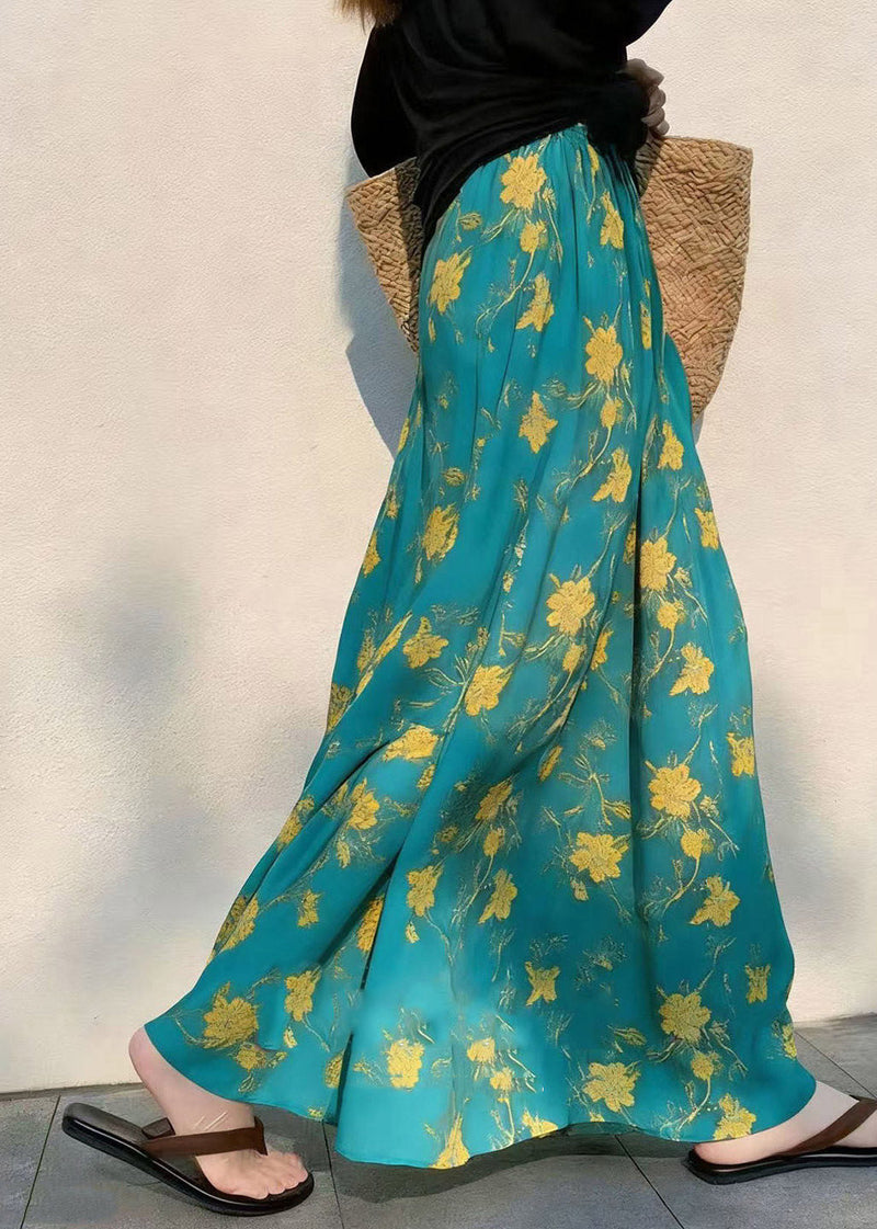 French Green Print Elastic Waist Draping a Line Skirts