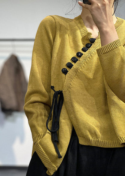 Yellow Asymmetrical Design Lace Up Knit Sweater Tops
