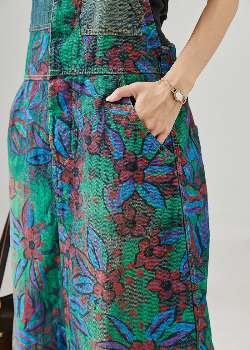 Navy Print Denim Overall Dress Spring