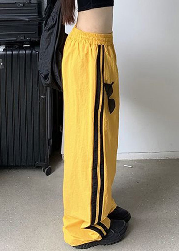 Yellow Striped Elastic Waist Cotton Pants Spring