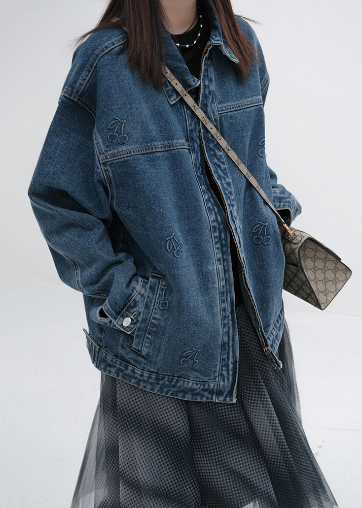 Classy Denim Blue Stand Collar Patchwork Pockets Coats Fall