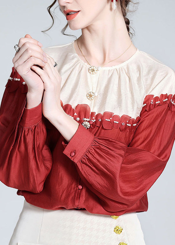 Red O-neck Patchwork Button Silk Shirt Long Sleeve