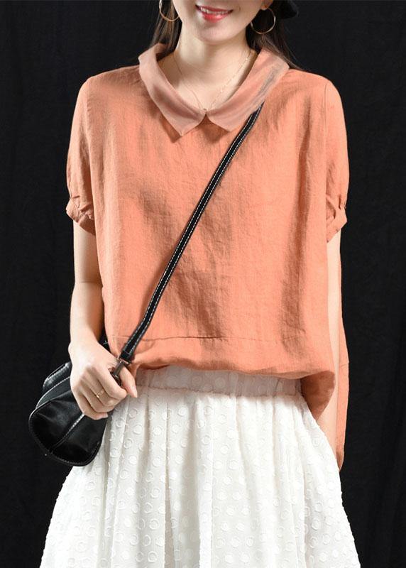 Orange Patchwork Turn-down Collar Summer Short Sleeve Top