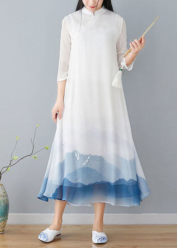 White Stand Collar Patchwork Print Silk Dress Summer
