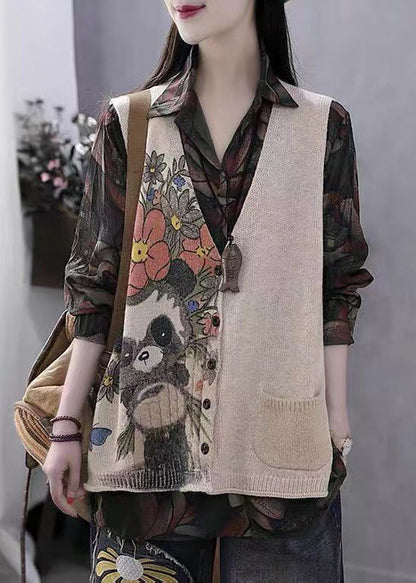 Khaki V Neck Print Button Cotton Knit Waistcoat Sleeveless