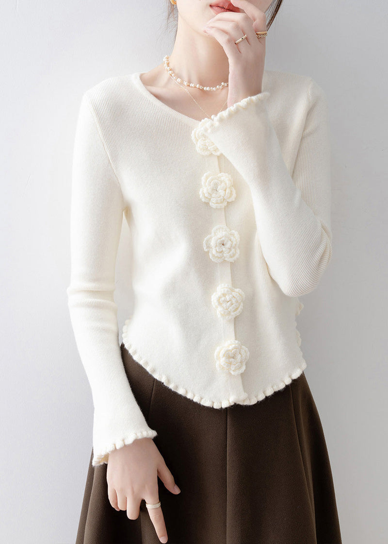 French Apricot Ruffled Knit Sweaters Flare Sleeve