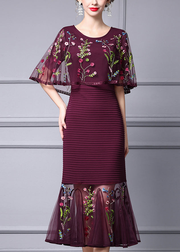 Mulberry Embroidered Cape Style Party Dress Summer