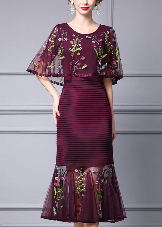 Mulberry Embroidered Cape Style Party Dress Summer