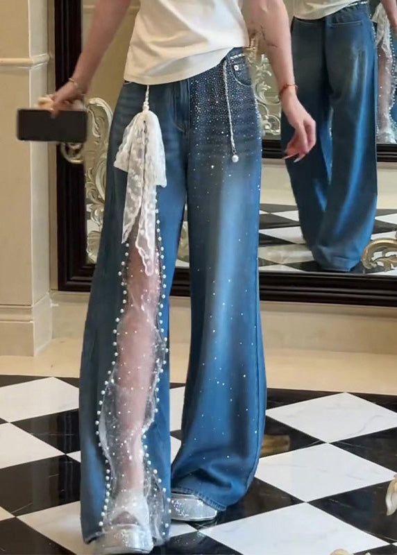 Blue Pockets Zircon Lace Patchwork Denim Pants Fall